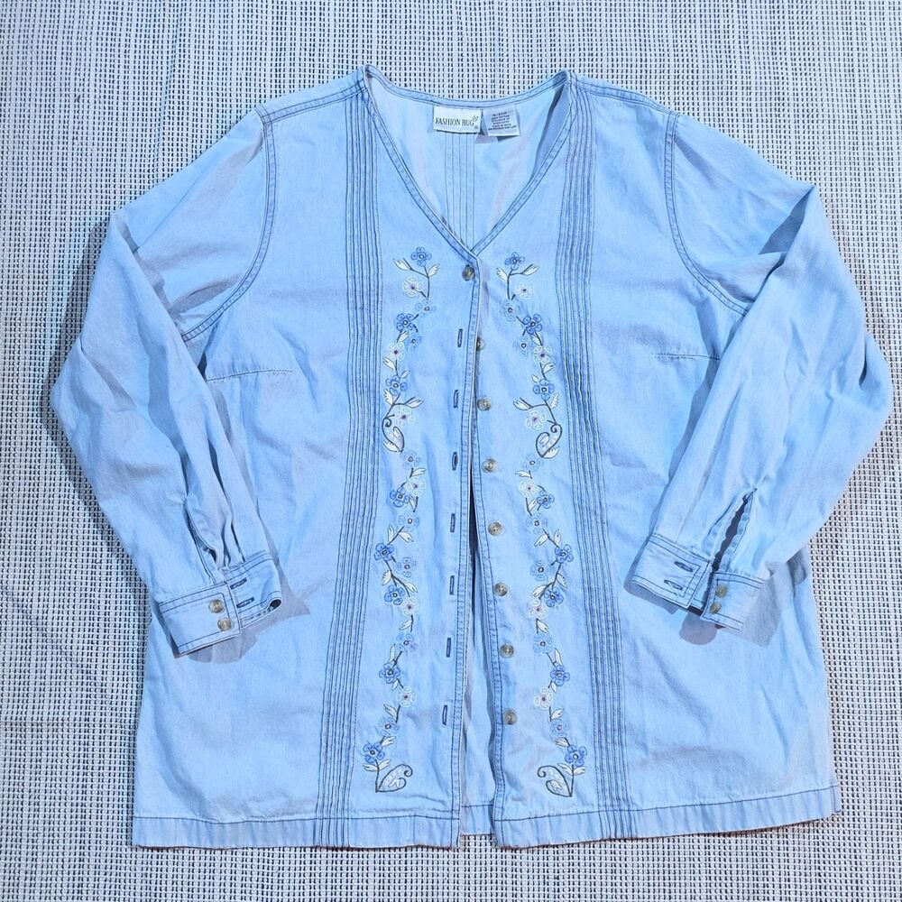 VTG Fashion Bug Womens Embroidered Floral Button Up Denim Jean Shirt Sz 18 / 20
